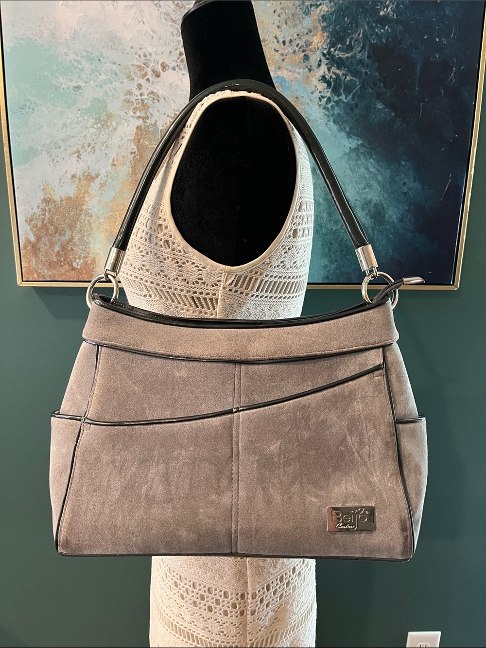 Beijo Gray Suede Shoulder Bag with Black Handle - Picture 3 of 13
